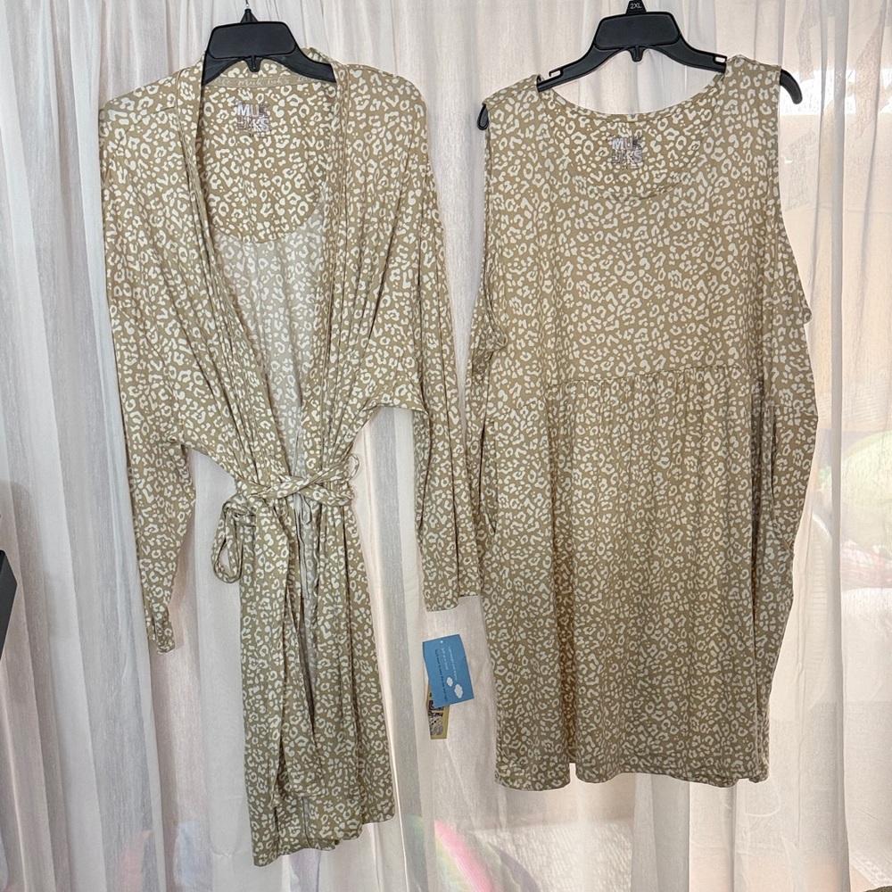Muk Luks Knit Robe and Chemise Set Tan Leopard Print 3X-Brand New